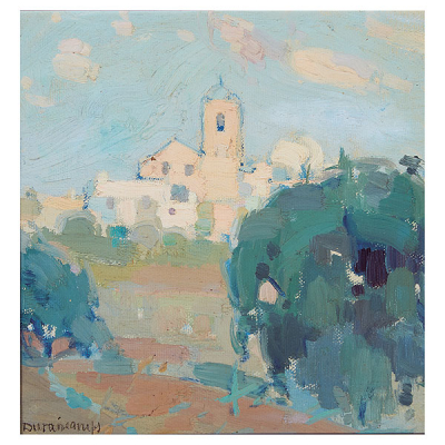Rafael Durancamps Folguera (Sabadell, Barcelona, 1891-Barcelona, 1979) Vista de pueblo. Óleo sobre tela.
