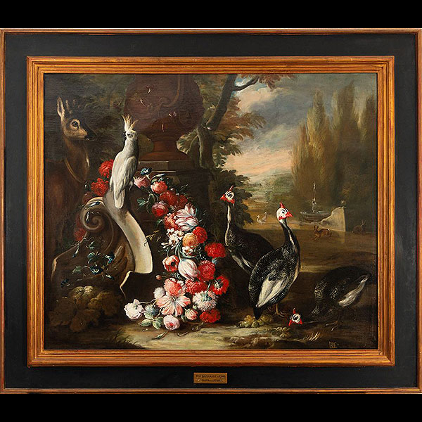 Gran pareja de Bodegones con Flores y Aves en un Jardín, escuela Napolitana del siglo XVIII, círculo de Baldassare da Baldassarre De Caro