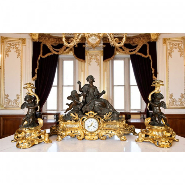 Gran reloj de sobremesa con guarnición estilo Napoleón III, Francia, siglo XIX.   Bronce dorado y pavonado.