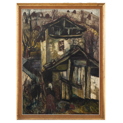 &quot;Campesina con burro en el caserío&quot;  JESÚS MONTES IRIBARREN (Irún, 1940)  