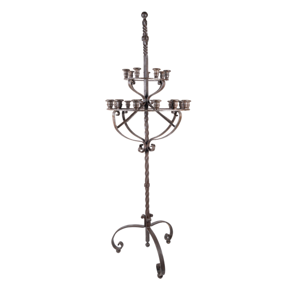 Gran candelabro de pie de 21 luces en hierro forjado, s.XIX.