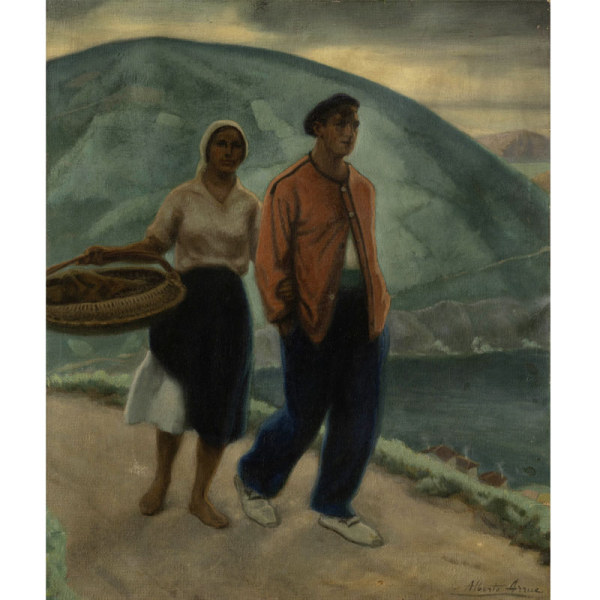 "Pescador y sardinera con cesta caminando al puerto" ALBERTO ARRUE(Bilbao, 1878 -Llodio, 1944) &Oacute;leo/Lienzo