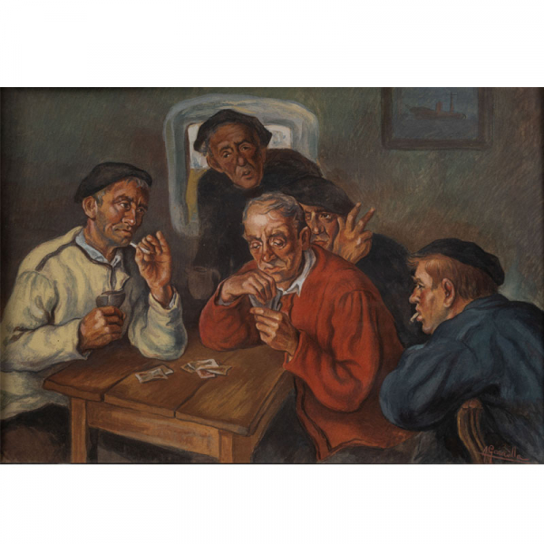 "Jugando a las cartas"  ÁNGEL GARAVILLA (Lequeitio, 1906-Barcelona, 1961) Acuarela/Cartón
