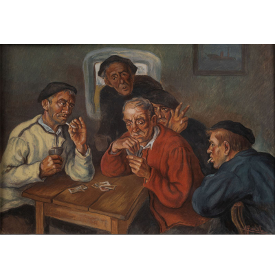 &quot;Jugando a las cartas&quot;  ÁNGEL GARAVILLA (Lequeitio, 1906-Barcelona, 1961) Acuarela/Cartón