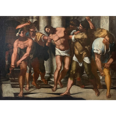 Taddeo ZUCCARO (1529-1566) o Círculo &quot;Flagelación de Cristo&quot;, Escuela Italiana del siglo XVI.  Óleo sobre lienzo. Reentelado. 