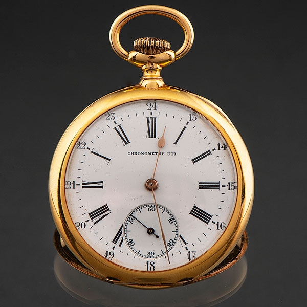 CHRONOMETRE UTI , Reloj de bolsillo en oro amarillo de 18 kt, Siglo XIX. 