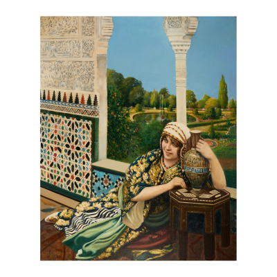 Escuela orientalista, s.XX.  Joven en palacio mozárabe.  Óleo sobre tela. 