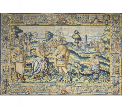 Tapiz en lana y seda con escena narrativa, rematada por cenefa.  Bruselas, h. 1590. 