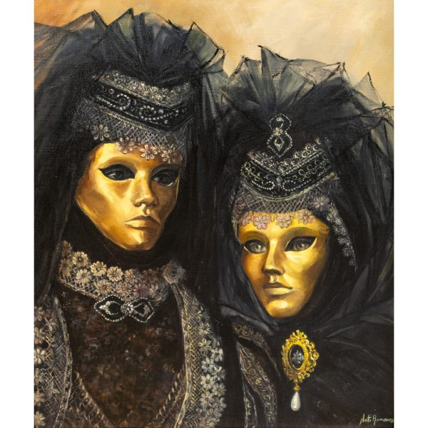Escuela española, s.XX.  Venecianas en Carnaval.  Óleo sobre tela. Firmado Nati Romanos.