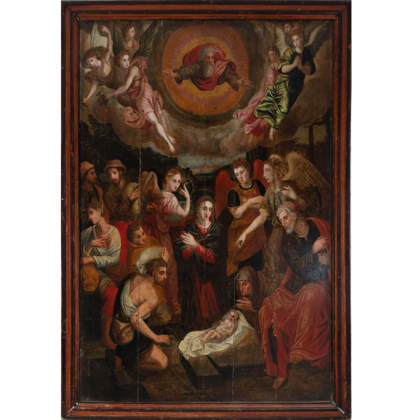 La Adoraci&oacute;n de Pastores, escuela Hispanoflamenca del siglo XVI - XVII.   &Oacute;leo sobre tabla