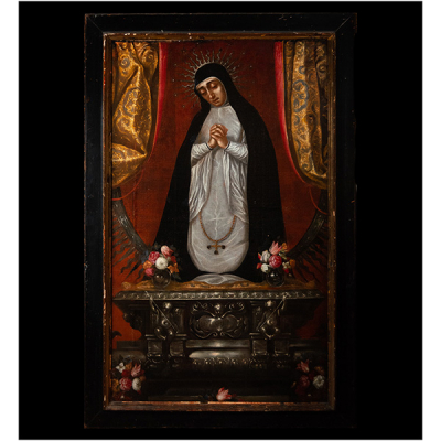 Importante y exquisita Gran Virgen de la Soledad sobre lienzo, escuela colonial Novohispana del la primera mitad del siglo XVII