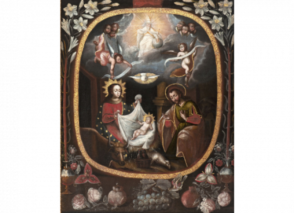 ESCUELA CUZQUEÑA, SIGLO XVIII.  Natividad.   Óleo sobre lienzo.