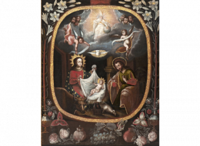 ESCUELA CUZQUE&Ntilde;A, SIGLO XVIII.  Natividad.   &Oacute;leo sobre lienzo.