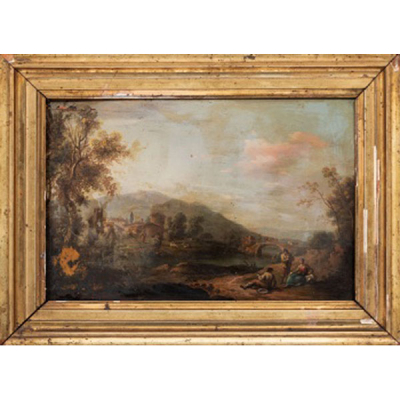ESCUELA ESPAÑOLA  (S. XVIII - S. XIX) &quot;Paisaje con personajes y río&quot;