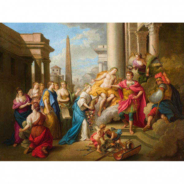 Escuela Francesa S. XVII.   &quot;Apolo coronando al emperador de Roma&quot;. Óleo sobre lienzo.