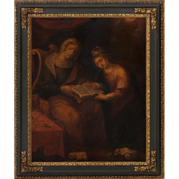 ESCUELA ESPAÑOLA   (S. XVII)  "Santa Ana enseñando a leer a la Virgen María"  Óleo / Lienzo  