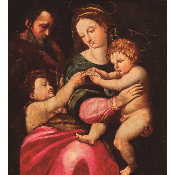 Escuela española, s.XVIII.  Sagrada Familia con San Juanito.  Óleo sobre tela. Basado en la obra «La Virgen de la rosa» de Rafael Sanzio, c.1517 (Museo del Prado, Madrid).