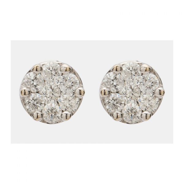 Pendientes rosetón en oro blanco con diamantes talla brillante engastados en garras.