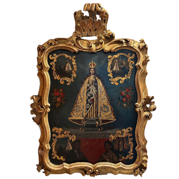 Escuela Colonial Novohispana, M&eacute;xico, siglo XVIII "Nuestra Se&ntilde;ora de Ocotl&aacute;n con donantes ind&iacute;genas".   &Oacute;leo sobre cobre. 
