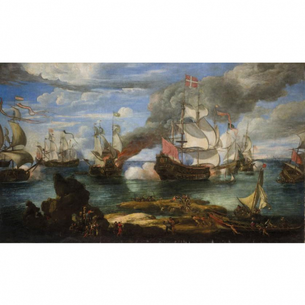 Escuela Genovesa S. XVIII.   "Batalla naval". Óleo sobre lienzo.  