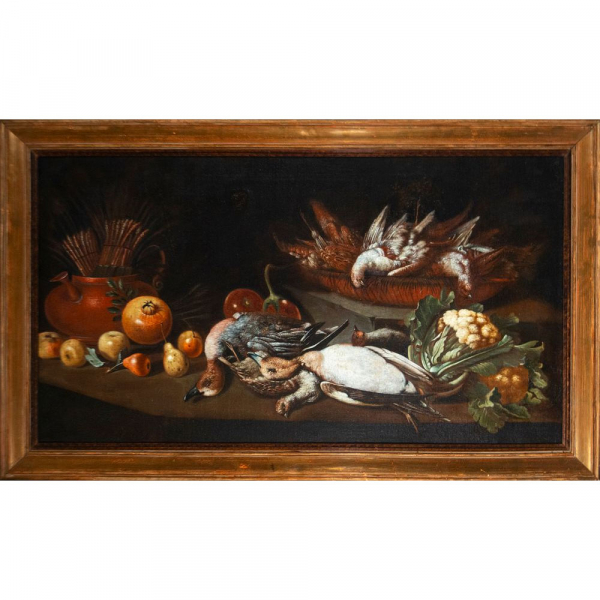 "Bodeg&oacute;n de caza menor y frutos" Atribuido a Antonio Ponce, Escuela Madrile&ntilde;a, Siglo XVII.   &Oacute;leo sobre lienzo.