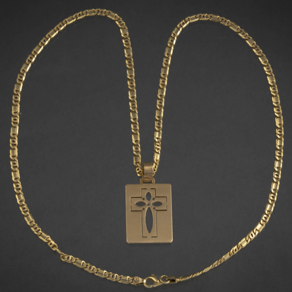 Cadena de eslabones con medalla de la cruz en oro amarillo de 18kt y brillantes.