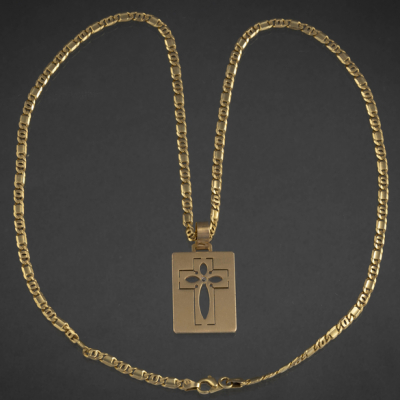 Cadena de eslabones con medalla de la cruz en oro amarillo de 18kt y brillantes.