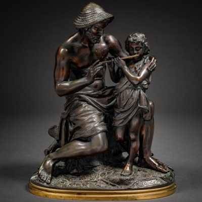 &quot;Lección de música&quot; Escultura en bronce patinado en color negro del siglo XIX.  THEODORE COINCHON (Francia, 1814-1881)