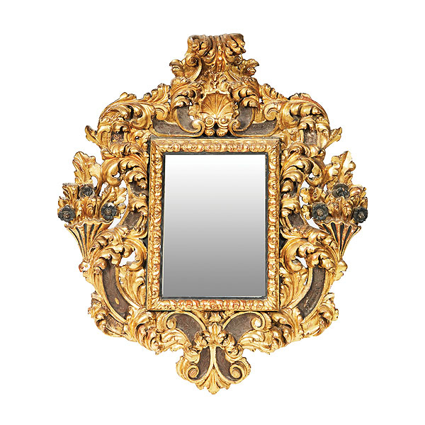 Espejo barroco en madera tallada, policromada y dorada, s.XVIII.