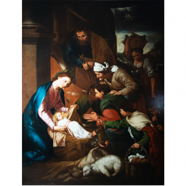 Monumental &quot;Adoración de Pastores&quot;, Taller de José de Ribera o Ribera y Taller, magnífico óleo sobre lienzo, escuela italiana del siglo XVII. 