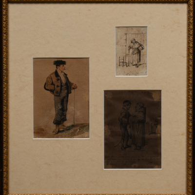 &quot;Un mayoral y Personajes&quot;.  FRANCISCO DE PAULA BRINGAS (México, 1827-Bilbao, 1855). Lápices de colores /papel