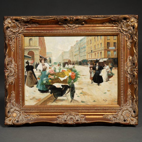 &quot;Vendedora de flores en la avenida de París&quot;  Escuela Francesa del siglo XX