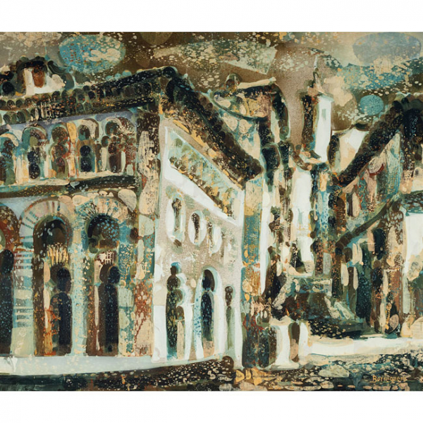 JULIAN BORREGUERO LÓPEZ   (Segovia 1937)  "Fachadas antiguas"  Firmado: Borreguero  Óleo / Lienzo  