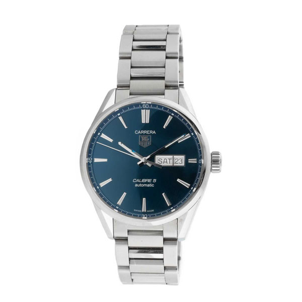 Reloj cab., suizo, TAG HEUER modelo CARRERA Calibre 5 (WAR201E), en caja circular de acero de 42 mm con fondo de cristal. Movimiento automático. Esfera azul metalizado con baquetones y agujas plateadas.