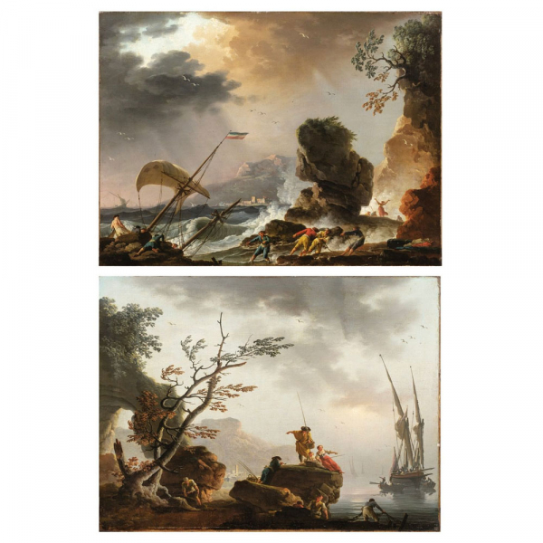 CHARLES-FRANÇOIS GRENIER DE LACROIX, llamado LACROIX DE MARSELLA (Marsella, 1700 – Berlín, 1782) "Pareja de vistas mediterráneas al amanecer" (1762).    Pareja de óleos sobre lienzo.