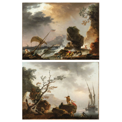 CHARLES-FRAN&Ccedil;OIS GRENIER DE LACROIX, llamado LACROIX DE MARSELLA (Marsella, 1700 &ndash; Berl&iacute;n, 1782) "Pareja de vistas mediterr&aacute;neas al amanecer" (1762).    Pareja de &oacute;leos sobre lienzo.