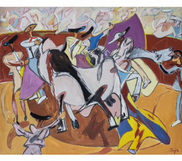 JUAN BARJOLA (Torre de Miguel Sesmero, Badajoz, 1919 - Madrid, 2004).  Tauromaquia, c.1992-3.   Óleo sobre lienzo.