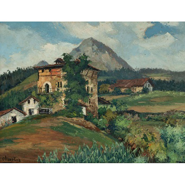 PELAYO OLAORTUA  (Guernica, Vizcaya 1910 - Bilbao 1984) "Vista de pueblo con montañas al fondo"