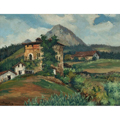 PELAYO OLAORTUA  (Guernica, Vizcaya 1910 - Bilbao 1984) &quot;Vista de pueblo con montañas al fondo&quot;