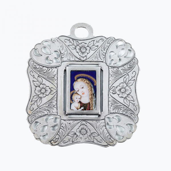 Placa colgante vintage en plata de ley contrastada 916/1000 con miniatura esmaltada de La Virgen y el Niño 