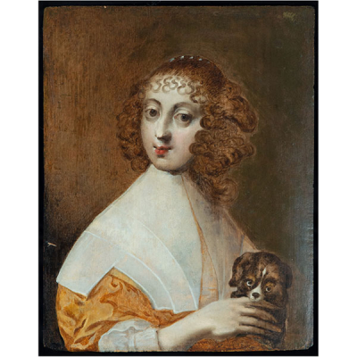 Retrato de Dama con Perro, escuela francesa de Fontainebleau del siglo XVII. 