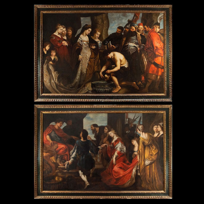 TALLER FLAMENCO DE PETER PAUL RUBENS DEL SIGLO XVII. Monumental Pareja de Óleos &quot;Reina Tomiris con la cabeza de Ciro&quot; y &quot;Escena Bíblica&quot;.
