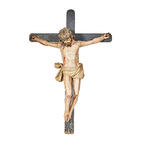 Escuela colonial, fles. del s.XVII. Cristo crucificado. Escultura en madera tallada y policromada.