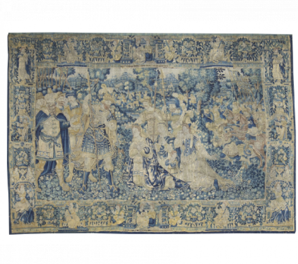 Tapiz en lana con escena de victoria y al fondo soldados a caballo en batalla.  Trabajo franco-flamenco, S. XVII. 