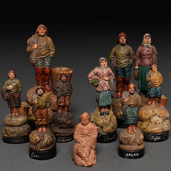 &quot;Pescadores&quot; Conjunto de 9 figuras en terracota policromada. Trabajo francés, Siglo XIX-XX. 