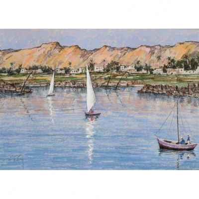 Mohammed Sabry. "R&iacute;o Nilo". Pastel sobre papel. Firmado en el &aacute;ngulo inferior izquierdo.
