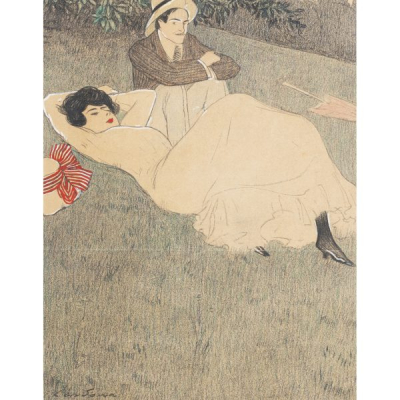 Joan Cardona Llad&oacute;s (Barcelona, 1877-1934)  Descanso en el parque.  Dibujo. Firmado.
