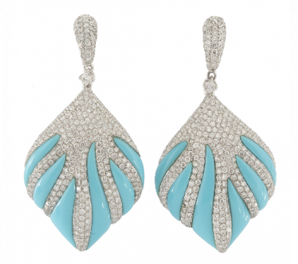 Pendientes largos con diseño de grandes hojas de turquesas y pavé brillantes. 