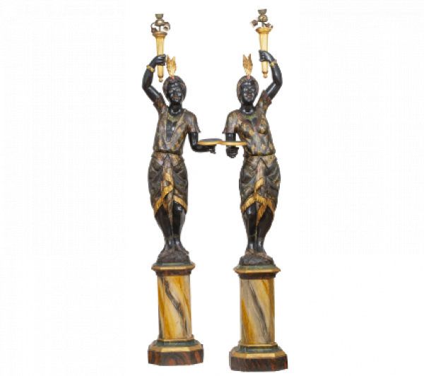 Pareja de blackamoores de madera tallada, dorada y policromada.  Venecia, h. 1900. 