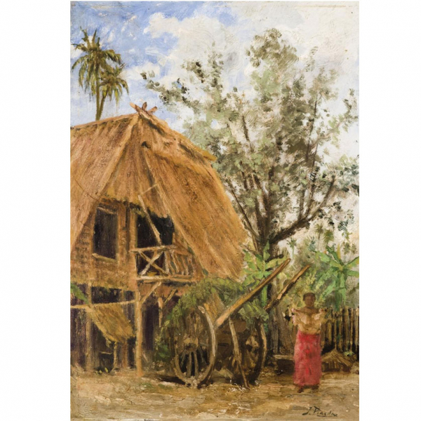 Jorge Pineda  (1879 - 1946).   &quot;Escena campestre filipina&quot;. Óleo sobre tabla.